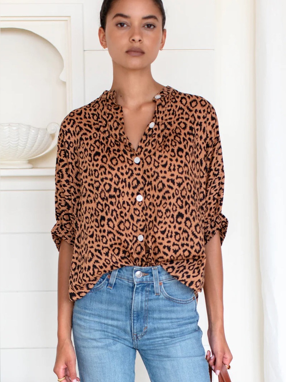 Emerson fry India collection Mandarin Collar Top Vintage Leopard Organic